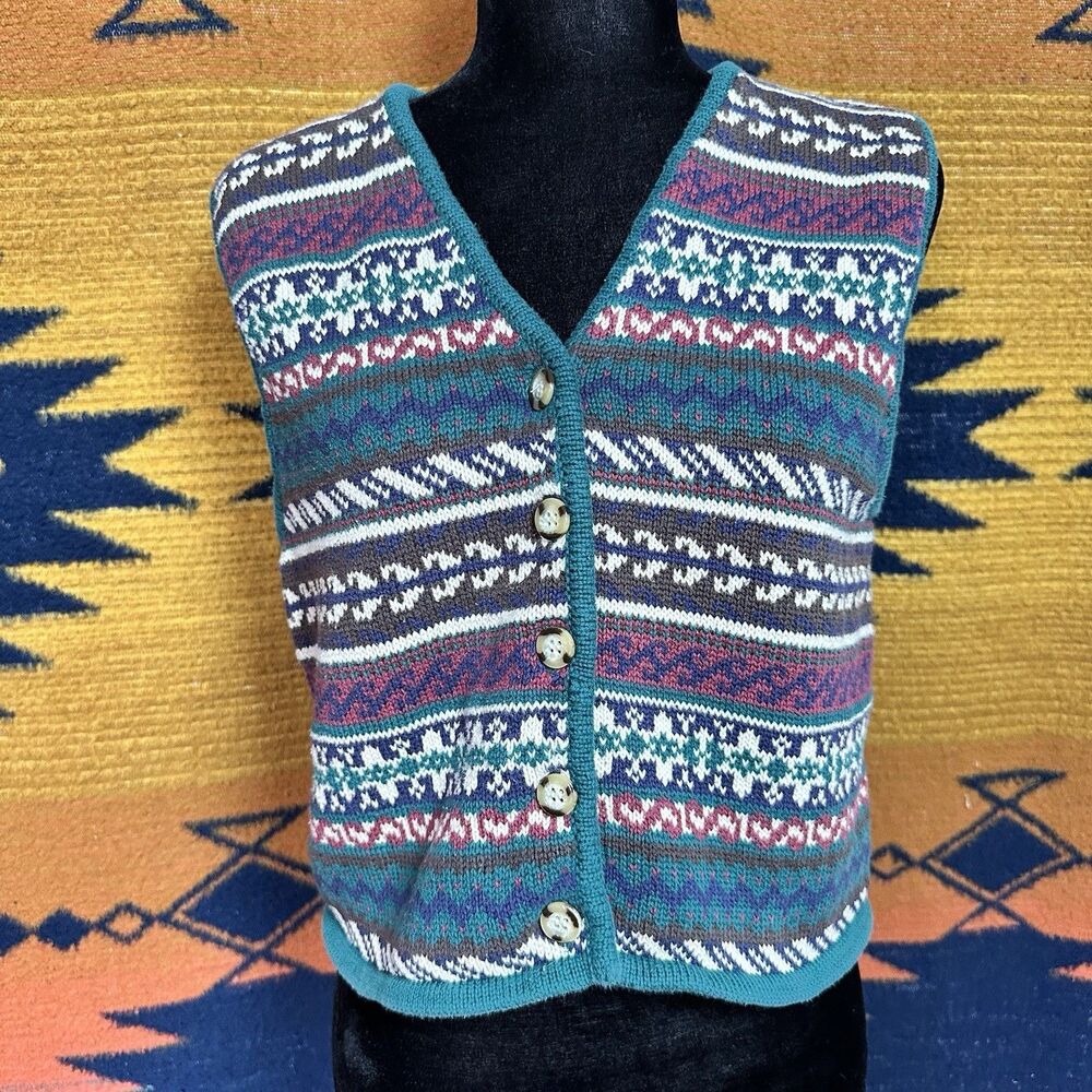 Vintage 90’s/ Y2K Copper Key Fair Isle Knit Button Up Vest. Large. EUC. Cottage.